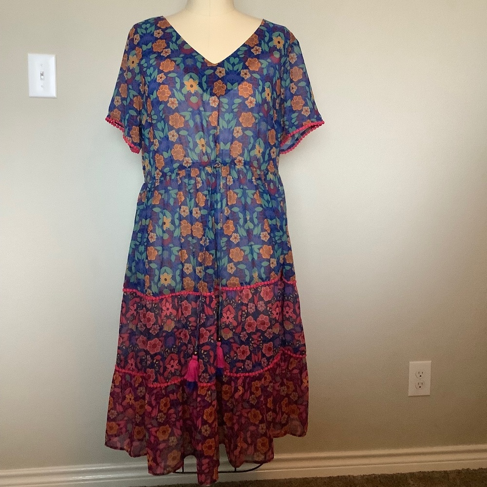 Mixed floral print georgette lace trim tiered dress
